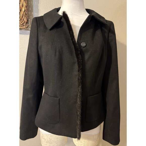 Ann Taylor Suit Jacket Blazer 10 Black Wool Cashmere Fur Trim Old Money Preppy - Picture 5 of 13